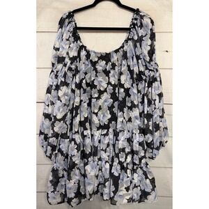 En Saison Floral Square Neck Tiered Mini Dress Black Blue White M